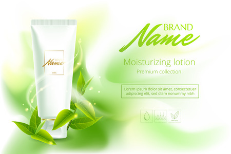 Advertising poster for cosmetic product for catalog, magazine. Vector design of cosmetic package.Moisturizing cream, gel, body lotion with green tea extract . Vector illustration with isolated objectsのイラスト素材