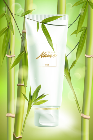 Advertising poster for cosmetic product for catalog, magazine. Vector design of cosmetic package.Moisturizing cream, gel, body lotion with green tea extract . Vector illustration with isolated objectsのイラスト素材