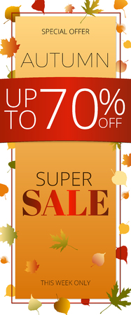 Advertising banner or poster, autumn sale with bright autumn leaves in orange color, you can use it to advertise the store in print and on the website.Vector illustration with isolated objectsのイラスト素材