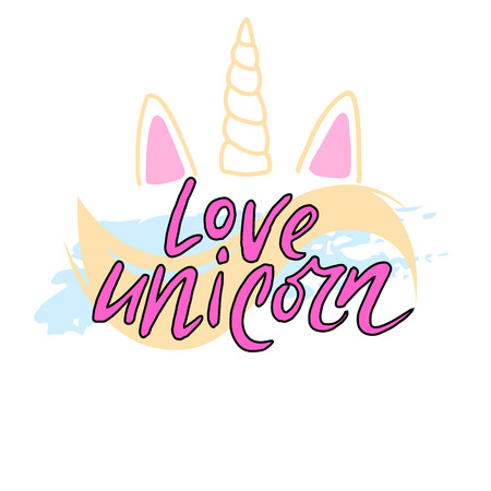 Love unicorn unique lettering. Card with cute quote love unicorn drawn by handsのイラスト素材