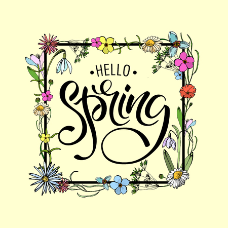 Lettering of brush Hello Spring you can use in yuor disign, print posters, cards and promotional items. Flower Background and Hello Spring Letteringのイラスト素材