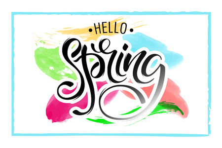 Lettering of brush Hello Spring you can use in yuor disign, print posters, cards and promotional items. Watercolor stains Background and Hello Spring Letteringのイラスト素材