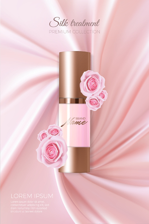 Advertising poster for cosmetic product with rose for catalog, magazine. Vector design of cosmetic package. Perfume advertising poster.Moisturizing toner, cream, gel, body lotion with rose extract .のイラスト素材