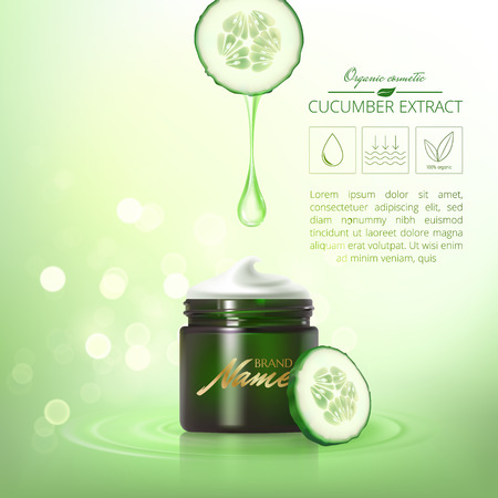 Advertising poster for green cosmetic product on green water like surface with cucumber for catalog, magazine.のイラスト素材