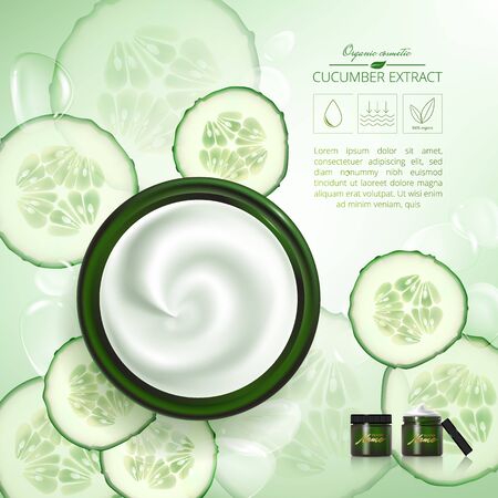 Top view of the cream product with cucumbers on green background.のイラスト素材