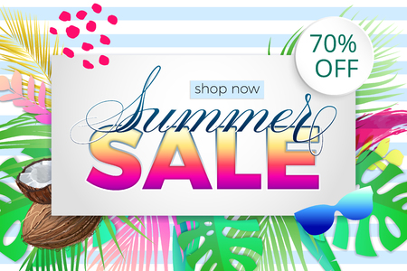 Summer hot sale poster with beautiful lettering. A large summer sale poster, advertising, booklet. Illustration with isolated design elementsのイラスト素材