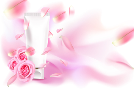 Advertising poster for cosmetic product with rose for catalog, magazine. Vector design of cosmetic package. Perfume advertising poster.Moisturizing toner, cream, gel, body lotion with rose extract .のイラスト素材