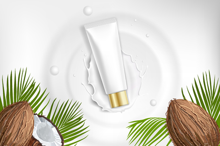 Design cosmetics product advertising for catalog, magazine. Mock up of cosmetic package. Moisturizing cream, gel, milk body lotion with coconut oil.のイラスト素材