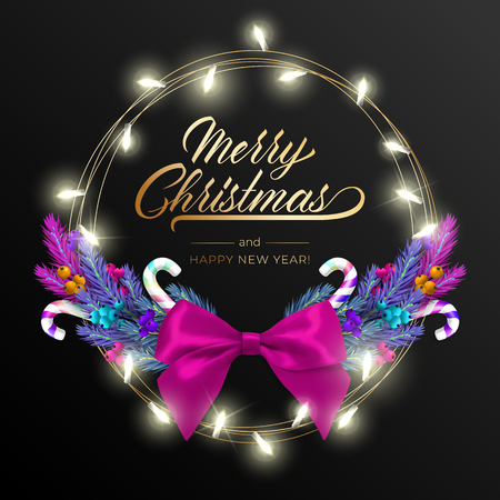Holiday's Background for Merry Christmas greeting card with a realistic colorful wreath of pine tree branches, decorated with Christmas lights, gold starsのイラスト素材