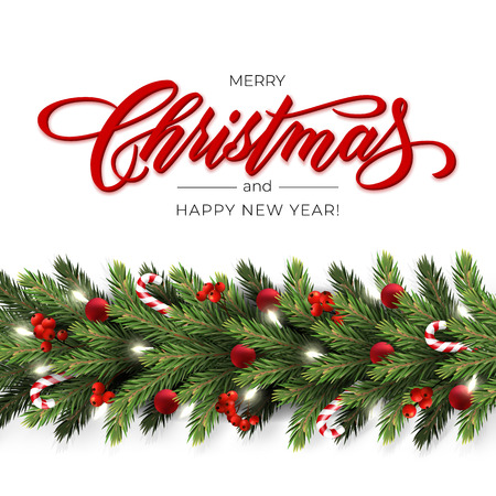 Holiday's Background for Merry Christmas greeting card with a realistic garland of pine tree branches, decorated with Christmas balls, Candy Canes, red berries. Lettering Merry Christmasのイラスト素材