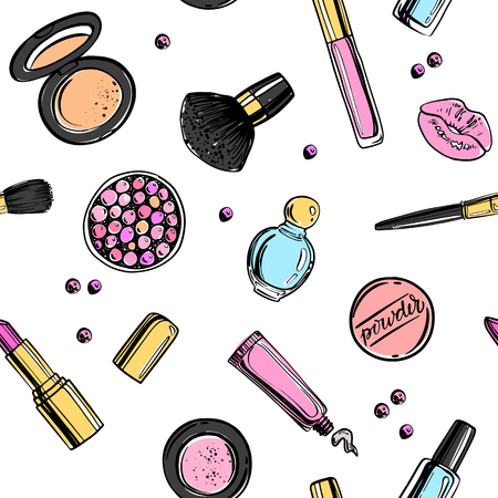 ?osmetics background with copy space for text. Hand drawn seamless patternのイラスト素材