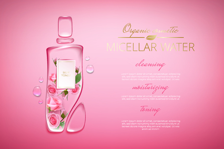 Original advertising poster design with water drops and liquid packaging silhouette for catalog, magazine. Cosmetic package.Moisturizing toner, micellar water with rose extractのイラスト素材