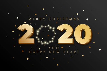 Holiday's Background for Merry Christmas greeting card with a realistic colorful garland of pine tree branches, decorated with Christmas lights, gold stars, snowflakesのイラスト素材