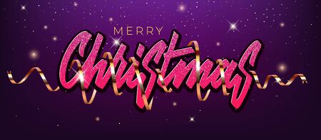 Merry Christmas and Happy New Year card lettering decorated with gold ribbonのイラスト素材