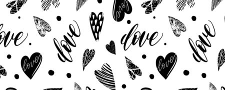 Horizontal pattern with handdrawn texture hearts backgraund for fabric, background, postcard, wallpaper, paper. Vector illustration pattern. Panoramaのイラスト素材