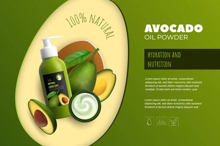 Design avocado cosmetics product advertising for catalog, magazine. Mock up of cosmetic package. Moisturizing cream, gel, milk body lotion with avocado oil.のイラスト素材