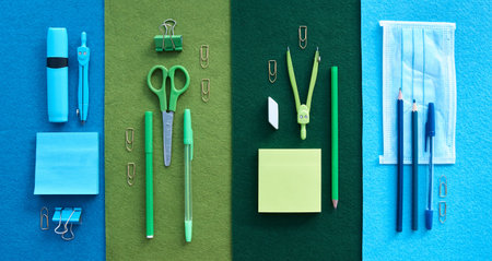 Stationery set on black background. School supplies top view for advertising and promotional items....
