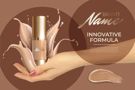 Design advertising poster for cosmetic product for catalog, magazine. Design of cosmetic package. Advertising of foundation cream, concealer, base, BB cream. Realistic creamy textureのイラスト素材