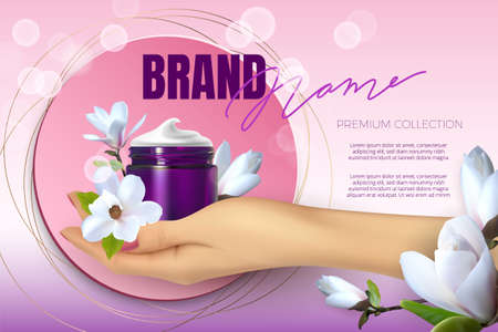 Design advertising poster for cosmetic product with rose for catalog, magazine. Vector design of cosmetic package. Perfume advertising poster.Moisturizing hand cream, gel, body lotion with magnoliaのイラスト素材