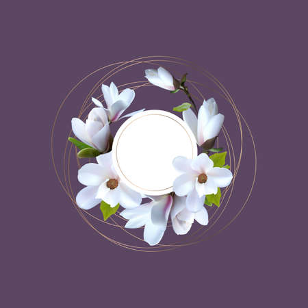 Banner, Greeting card with magnolia flowers, Card with realistic magnolia. Premade arrangement flowers.のイラスト素材