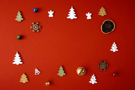 Merry Christmas and Happy New Year greeting card. Xmas holiday red background with copy space for your textの写真素材