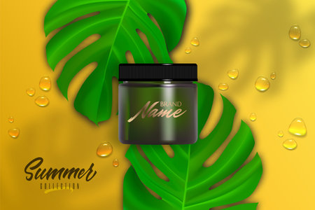 Design cosmetics product advertising for catalog, magazine. Mock up of cosmetic package. Moisturizing cream, gel, milk body lotion on yellow background and monstera leavesのイラスト素材
