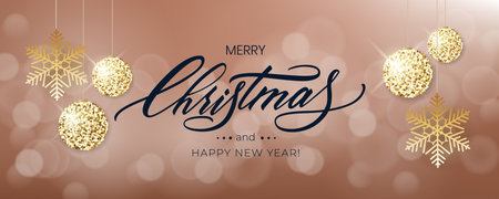 Merry Christmas background with blur bokeh light effect. Lettering Merry Christmas and Happy New Yearのイラスト素材