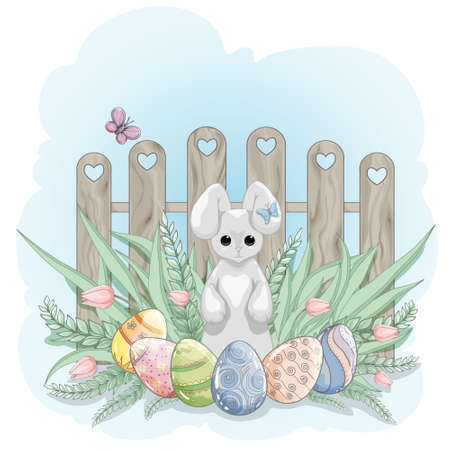 Cute bunny with Easter eggs, flowers and butterflies. Bright colorful illustration for the day of Easter.のイラスト素材