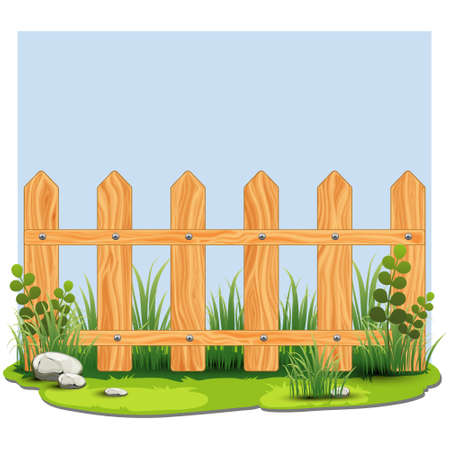 Wooden fence, spring grass, stones, element for design. Vector illustrationのイラスト素材