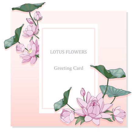 Vector card with pink lotus flowers. Design for greeting cards, wedding invitations, cosmetics, yoga, spaのイラスト素材