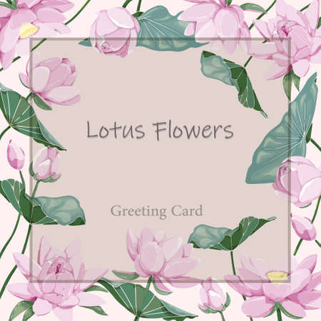 Botanical greeting card design, pink lotus flowers and leaves on light background, vintage style.Design for wedding invitations, natural cosmetics, health care and ayurveda productsのイラスト素材