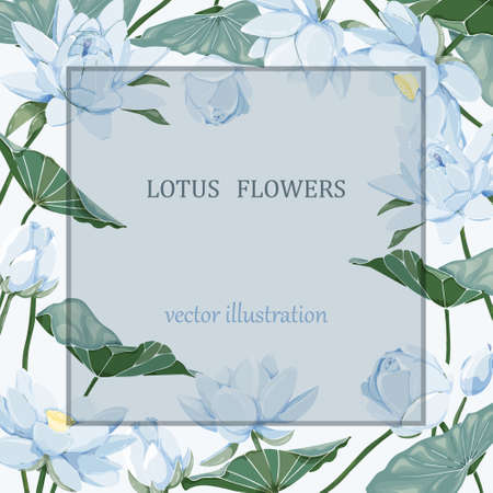 Botanical greeting card design, blue lotus flowers and leaves on light background, vintage style.Design for wedding invitations, natural cosmetics, health care and ayurveda productsのイラスト素材
