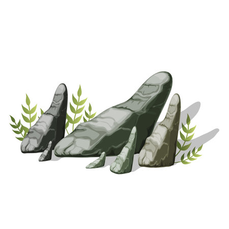 Boulders of different sizes in the grass, on a white background. Natural landscape. Vector illustration.のイラスト素材