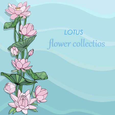 Card with pink lotus. Water flower blossom greeting card. Garden lotuses floral backgroundのイラスト素材