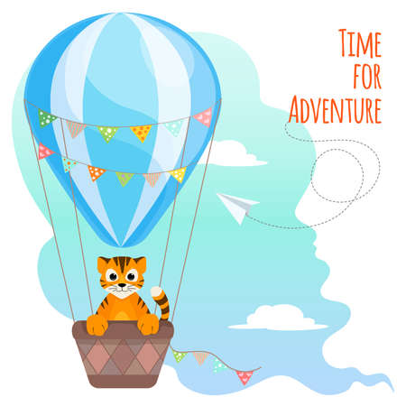 A cute tiger flies in a hot air balloon to meet adventures. Poster with lettering. Symbol of the year. Cartoon vector illustration. Postcard or banner, poster, for design, printingのイラスト素材