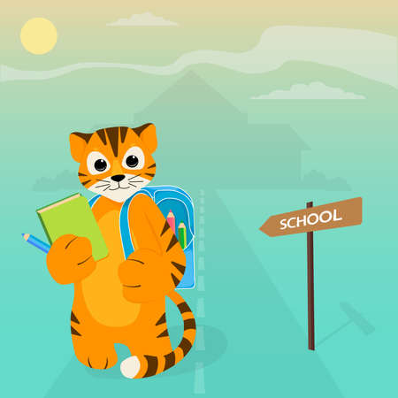 A cute tiger cub with a backpack, book and pencils goes to school. Colored vector illustration. Postcard, poster, banner, cartoon style designのイラスト素材