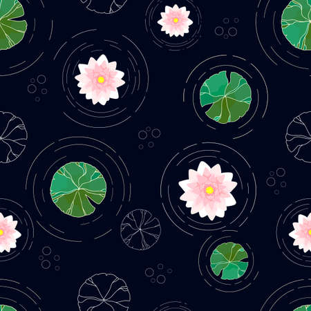 Seamless pattern with lotus flowers and leaves on a dark background.Botanical illustration style. Print for packaging, fabrics, wallpapers, textiles. Vector illustration.のイラスト素材