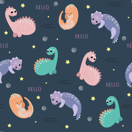 Little cute dinosaurs on a dark background. Seamless pattern in cartoon children style. Design for children s clothing, textiles, wallpapers, postcards.のイラスト素材