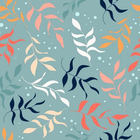 Vector seamless pattern with leaves and branches of plants. Vibrant botanical background. Botanical print in trendy colors for surface designs, fabrics, wrapping paper and other design projectsのイラスト素材