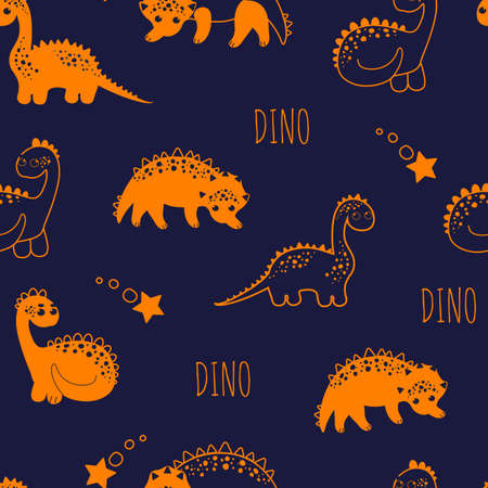 Little cute dinosaurs on a dark background. Seamless pattern in cartoon children style. Design for children s clothing, textiles, wallpapers, postcards.のイラスト素材
