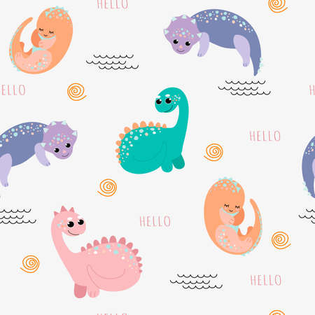 Little cute dinosaurs on a white background. Seamless pattern in cartoon children style. Design of children clothing, textiles, wallpapers, postcards.のイラスト素材