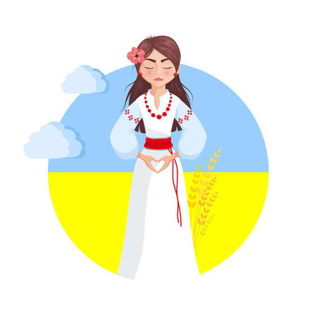 Ukrainian girl in national dress show heart sign by hands. Support Ukraine concept. Vector flat illustrationのイラスト素材