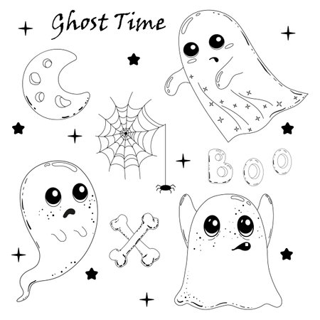 Halloween little ghost in cute sketch style. Doodle ghost set.Vector outline illustrationsのイラスト素材
