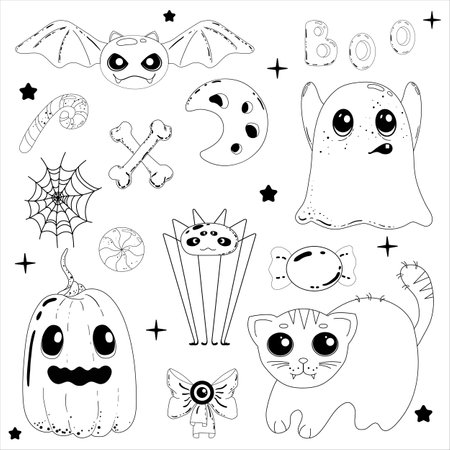Cute Halloween doodles, trick or treat, black and whiteのイラスト素材