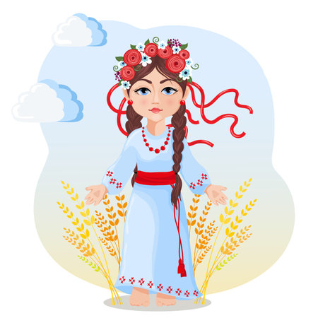 Girl in traditional Ukrainian clothes on the background with national symbols of wheat and sky. Stop the war. Vector illustration in national yellow and blue colors of Ukraine.のイラスト素材