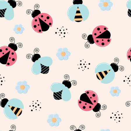 Seamless pattern with cute ladybugs, bees and flies. Vector background with colorful insects. Template for fabric, packaging, office, wallpaper. Cartoon style.のイラスト素材