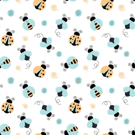 Seamless pattern with cute ladybugs, bees and flies. Vector background with colorful insects. Template for fabric, packaging, office, wallpaper. Cartoon style.のイラスト素材