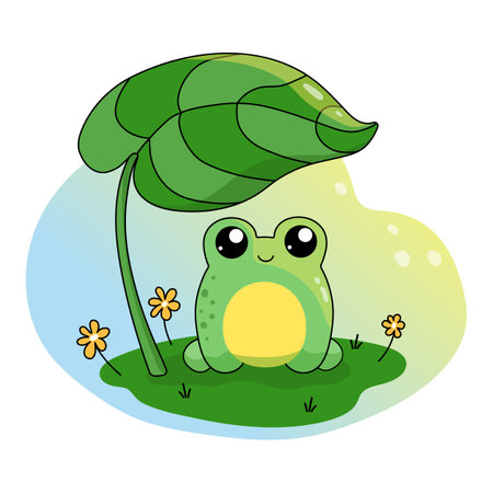 Cute smiling frog baby under a leaf. Kawaii character. A wonderful color illustration in a cartoon style for print design, kids wear, book design and postcards.のイラスト素材