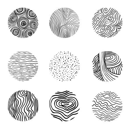 Set of round hand drawn patterns and textures. Hand drawn doodle shapes. Trendy vector graphic elements for your unique design.のイラスト素材