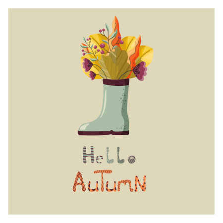 Beautiful autumn postcard with rubber boots, leaves, flowers. Hello autumn, handwritten lettering. Vector design for postcards, posters, flyers, websites, t-shirt designのイラスト素材